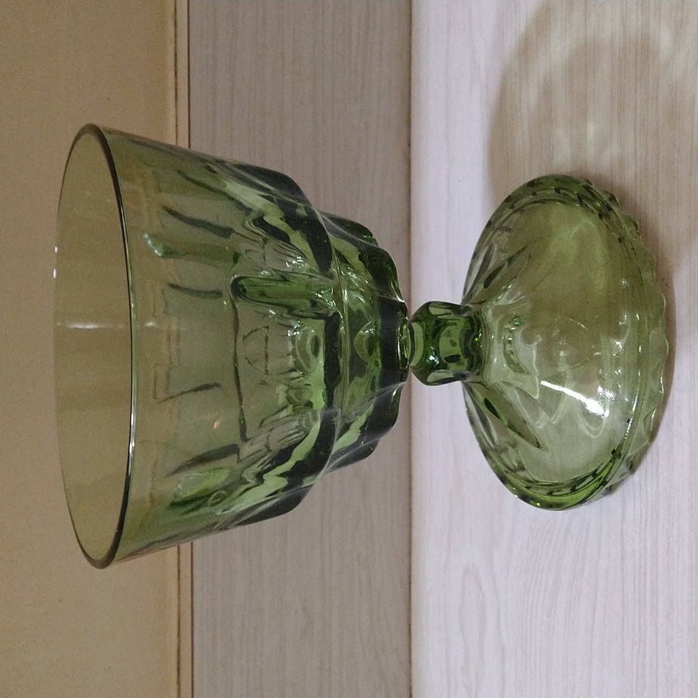 Vintage Thumbprint Hazel Atlas Glass Candy Dish Pedestal Compote Olive Green